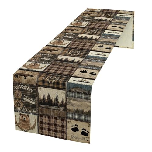 Image of Rustic Country Bear Table Runner,Vintage Wild Animals Bear Deer Forest Mountain Fish Table Cloth for Home Kitchen Dining Table Decoration Party 13x72 in