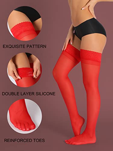 Image of HONENNA Sheer Thigh High Stockings, 17+ Colors Stay Up Lace Top with Anti-Slip Silicone for Women