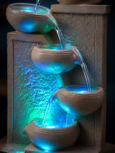 Image of LED Water Fountain Showpiece for Home Decor | Multi-Tier Cascading Waterfall Tabletop Fountain with RGB Lights | Indoor Water Feature for Living Room, Office, Meditation