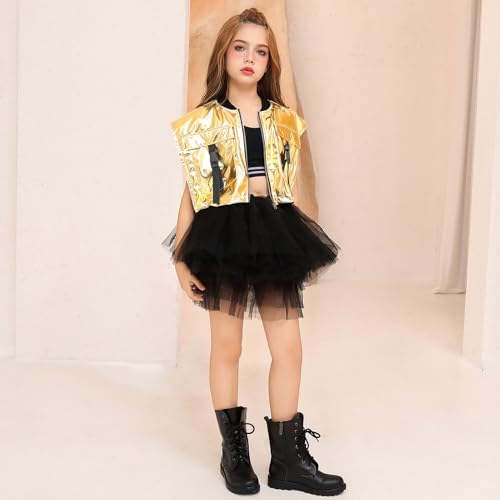 Image of Perfashion Girls Vest Cropped Cargo Metallic Jacket Buckle Zip Up With Pockets Streetwear Outfit 4-13Y