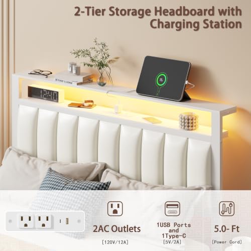 Image of Furnulem White Full Size Bed Frame with PU Upholstered Headboard, 2 Drawers