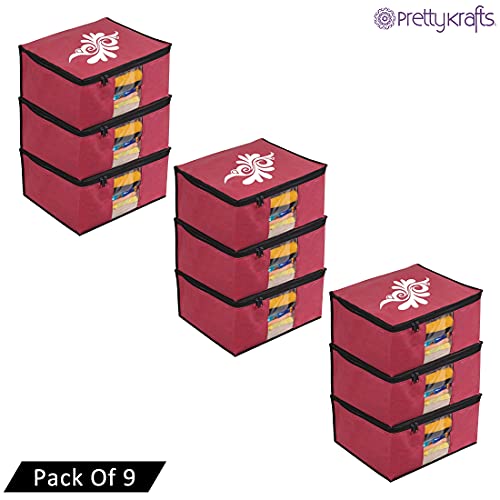 Image of PrettyKrafts Large Saree Cover With Creative Prints, Wardrobe Organiser, Clothes Cover & Storage, Zip Closure and Transparent Window | Clothes Storage Bag | Set of 9, Maroon | Size: 40 x 35 x 20 cm