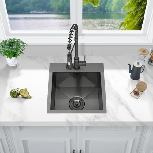 FRANIC 15 Handmade Black Bar Workstation Sink 15 x 15 x 9 Stainless Steel Matte Nano Black Topmount Single Bowl Small Kitchen Outdoor Sink