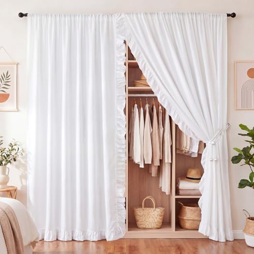 Fanfanwin 2 Pcs 78 x 80 Inch Vintage Ruffled Closet Curtain for Open Closet with Pearl Curtain Tiebacks Boho Door Curtains Without Doors White French Room Divider Drapes for Laundry Doorway Home Decor