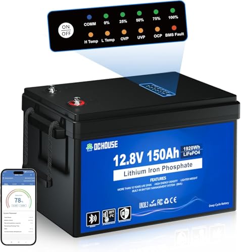 DCHOUSE 12V 150Ah LiFePO4 Batería de Litio con Indicadores de Estado SOC, Bluetooth y Corte por Baja Temperatura, Batería de Litio 12V hasta 15000 Ciclos, 120A BMS Perfecta para Motores Trolling, Mari