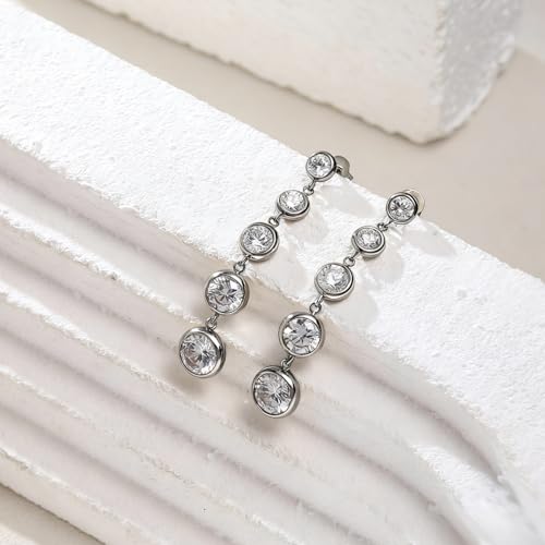 Sparkly CZ Bezel Dangle Earrings for Women (Silver) - image 4