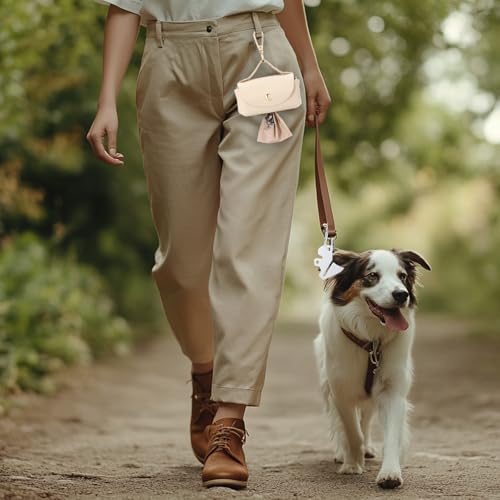 Image of Affrolling 5 Pcs Leather Dog Poop Bag Holder Christmas Include 45 Scented Poop Bags Dispenser Cute for Travel Walking Dog Park and Outdoor Use(Apricot)