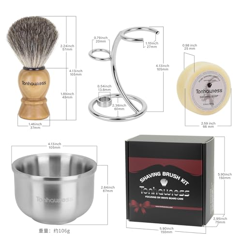 Image of Shaving Brushes Kit For Men, 4 In 1 Shaving Brush Set Includes Badger Hair Shaving Brush, Stainless Steel Shaving Bowl, Shaving Stand and Shaving Soap