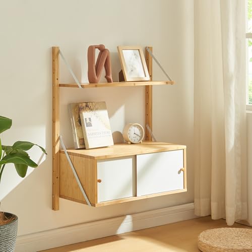 [en.casa] Étagère Murale Style Scandinave avec Placard à 2 Portes Coulissantes Élements Réglables en Hauteur avec Trous Prépercés Bambou 85 x 65 x 34 cm...