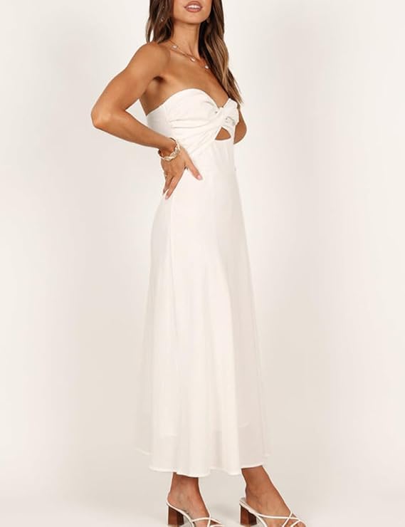 Image of Women Strapless Twist Front Midi Linen Cutout Wedding Guest Dress | Sexy,Sweetheart Neckline,Tube,Long,2026 Summer,Vacation,Formal,Cocktail,Bridesmaid,Party,Baby Shower,Beach,Elegant,Evening