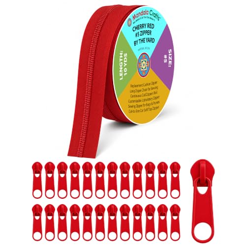 Mandala Crafts #5 Cherry Red Nylon Zippers by the Yard with 25 Pulls