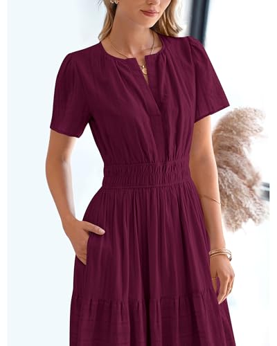 BTFBM Womens Summer 2026 Casual Midi Maxi Dresses Lightweight Short Sleeve V Neck Elastic Waist Boho Beach Dress Pockets(Wine Red, Small) — view 6