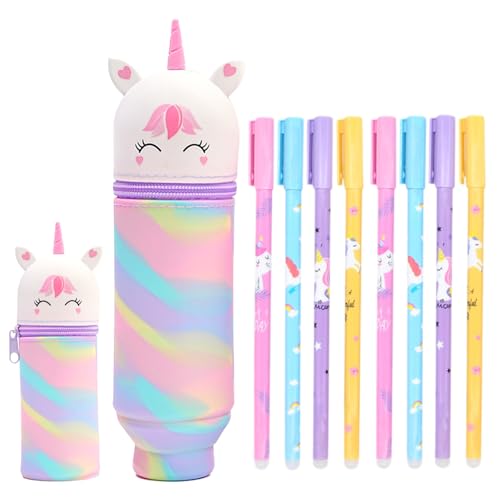 Astuccio Scuola 2 in 1 in Morbido Silicone,Astuccio Unicorno con 8 Penne a Sfera,Portapenne da Tavolo,Chiusura con Cerniera,A-stuccio Silicone Unicorno per la Scuola,Unisex Bambini Ragazzi