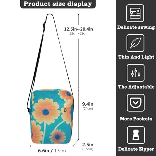 Crossbody Sling Bag for Women Men, Zipper Closure Messenger Bags Orange Flowers Print with Card Phone Passport Compartment 6.6×9.4×2.5 IN3