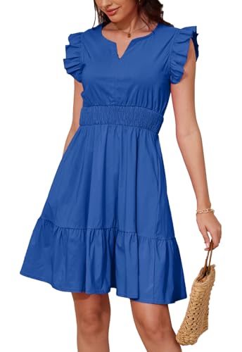 Image of Jayscreate Women's Ruffle Sleeve Layered Dress Pockets Elastic Waist 2025 V Neck Above Knee Summer Casual Cute Dress