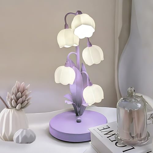 Flower Lamp Vintage Table Lamps for Home,LED Reading Light Lily of The Valley Night Light,3 Colors Modes Kawaii Bedside Lamp Decor with G4 Bulb Nightstand Light for Living Room Office Bedroom (Purple)
