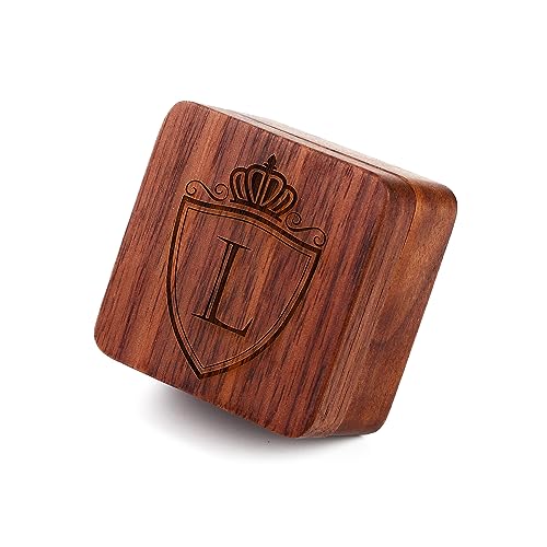 Image of Mens Initial Silver Cufflinks A-Z Alphabet Letter Steel Cuff Links with Engraved Walnut Wood Box Groom Groomsman Wedding Set