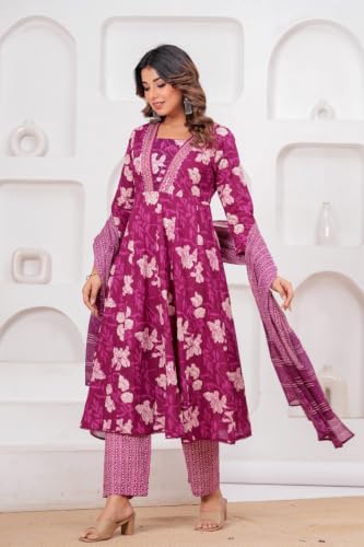 Image of KANCHAN TRADERS Women's Cotton Round Neck 3 /4 Sleeve Chikankari Embroidered Printed Kurta Palazzo with Dupatta Set