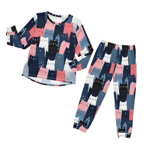 Cute Cats Pattern Print Soft Pajama Set for All Seasons,Breathable Pjs Long Sleeve Sleepwear,Comfy Loungewear 2 Piece Underwear Set 3T