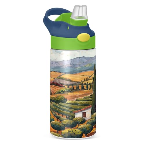 Sevdomey Botella de agua para niños con diseño de paisaje con olivos, con pajilla, de acero inoxidable, aislada, a prueba de fugas, 350 ml, para escuela, guardería, viajes, deportes