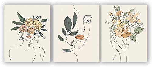 Modern Minimalist Women Flower Wall Art Painting Set of 3 (8âX10â Canvas Picture) Fashion Retro Women Rose Line Art Print for Woman Dressing Room or Girls Bedroom Decor Prints Poster Frameless
