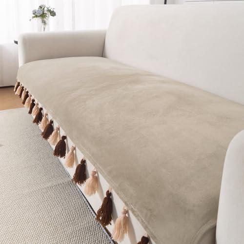 Image of HOKIPO Sofa Cover Mat with Tassel for 1 /2 /3 Seater & L Shape Sofa | DIY Sofa Cover Set | Dyed Holland Velvet | 'TasselTone Series' 70(W) x 220(L) cm |Sand Beige (IN-1110-BGE)