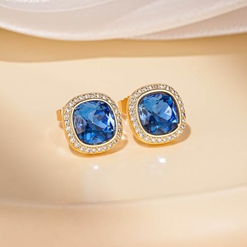 EVEVIC Austrian Crystal Halo Square Stud Earrings for Women 14K Gold Plated Birthstone Earring Hypoallergenic Jewelry Gifts3