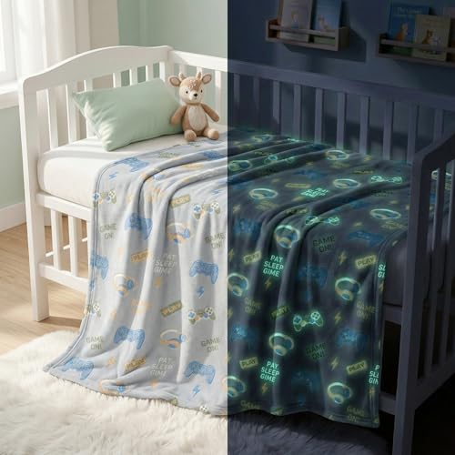 BSB HOME Glow in The Dark Kids Blanket, Soft Flannel Fleece Luminous Blanket for Boys & Girls, Cozy Lightweight Kids Throw for Bed – 30 x 40 in (76 x 102 cm) (Game On Theme - Light Grey)