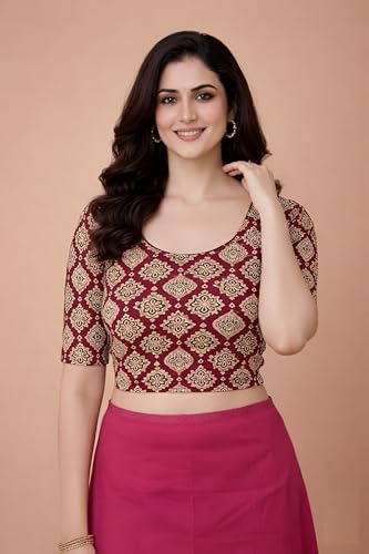 Image of Amazon Brand - Anarva Women's Kalamkari Print Cotton Stretchable Round Neck Readymade Saree Blouse