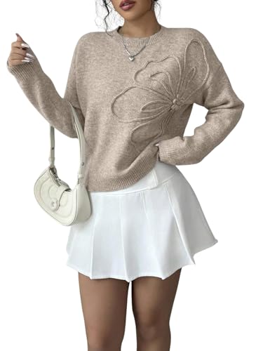 Image of Verdusa Women's Spring 3D Flower Appliques Crewneck Sweaters Long Sleeve Drop Shoulder Pullovers Knit Going Out Tops