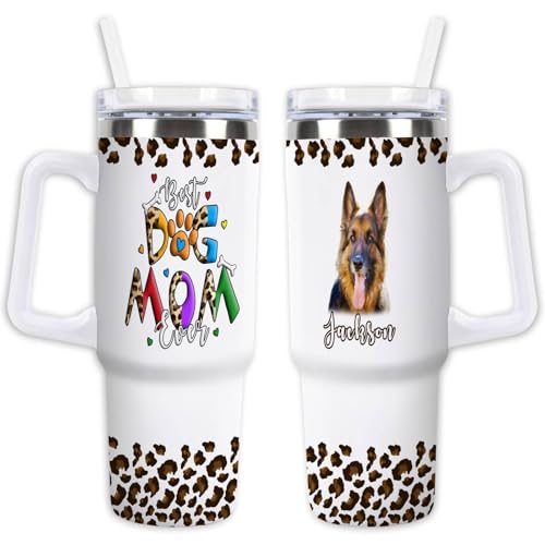 GABSHAIM Personalized Name Photo Tumbler Best Dog Mom Dad Ever Design with German Shepherd Leopard Print Pattern Travel Mug with Handle & Straw Lid Travel Coffee Cup 40oz Style 3