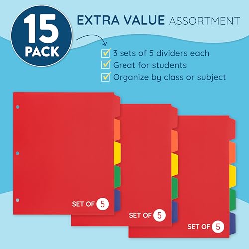 Blue Summit Supplies 5 Tab Heavy Duty Plastic Dividers for 3 Ring Binder, 15 Pack, Assorted Colors, 5 Tab Index Plastic Binder Dividers with Tabs and 3 Hole Punch, for Notebooks, Letter Size