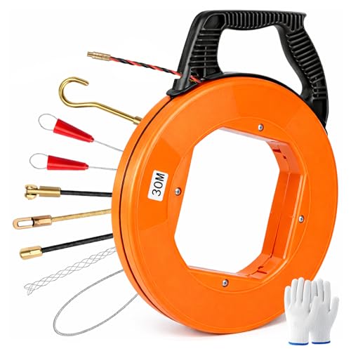 Orifesio Aiguille Electricien 30m, 5mm Diamètre Tire Fils Electrique avec 8 Accessoires & Gants, Tire Fil Electricien en PET, Tire Cable Electrique pour...