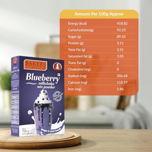 Image of BAKERS Milk Shake Mix Powder - Blueberry Flavor Pack of 4, Each 100g (400 Gram) | Instant Thick & Creamy Shake Mix | Rich & Delicious Dessert Drink | Ready to Mix with Milk | No Preservatives |Ready in 30 Sec