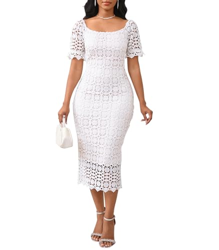 Image of Cololura Elegant Sexy Floral Lace Short Sleeve Off Shoulder Evening Gown Party Formal Bodycon Midi Dress