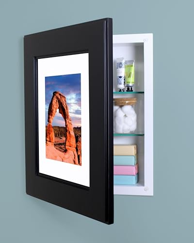 Image of 14x18 Concealed Picture Frame Medicine Cabinet Without Mirror for Bathroom, Recessed in The Wall, Made in North America, Real Wood, NO MDF, Adjustable Shelves, Shaker Black