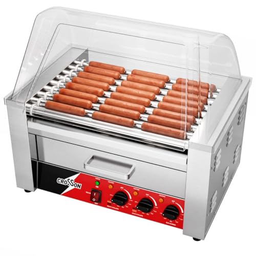 CROSSON Hot Dog Roller 9 Rollers 24 Hot Dogs,1750W Stainless Steel Hot Dog Grill Cooker Machine with Bun Warmer&amp;Cover for Party Home Commercial