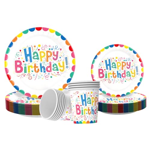 Angoily 厚手紙製パーティーテーブルウェア かわいい誕生日柄 紙皿 各 紙コップ付き 軽量使い捨て食器 飲み物 デザート スナック対応