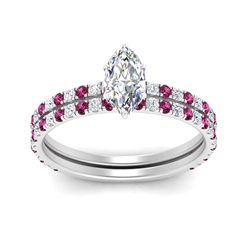 Image of Choose Your Gemstone Three Quarter Diamond CZ Gallery Bridal Ring Set 925 Sterling Silver Marquise Shape Wedding Ring Sets for WomenUS Size 4 to 12