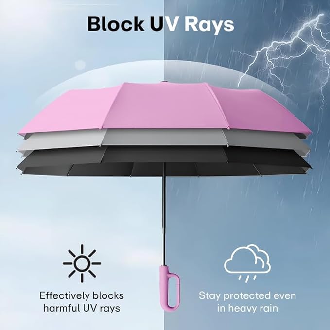 Image of Umbrella for Men Women || Folding Umbrella With Carabiner Handle || 10 Reinforced Ribles || Windproof and Sunproof || Auto Umbrella Big Size for Men /Women /Kids
