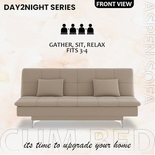 Image of Adorn India Premium New Aspen 3 Seater Sofa Cum Bed 4X6 Velvet Suede with 2 Cushions (Color Beige) and Suitable for All Indoor, with 3 Years Warranty