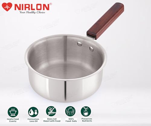 Image of NIRLON Woody Triply Wooden Handle Stainless Steel Cookware Sauce Pan 16cm-1.6Ltr|Safe to Use|Uniform Heating|Metal Spatula Friendly(Induction and Gas Stove Friendly)