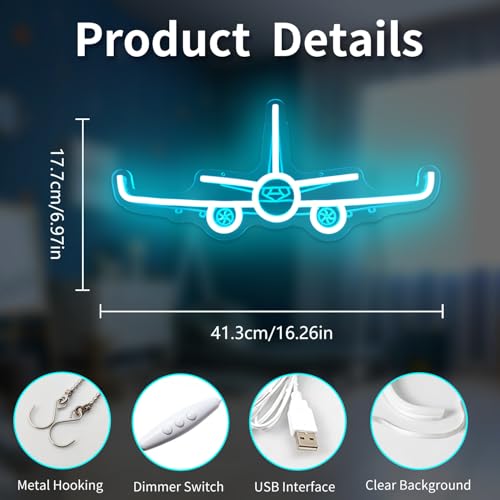 Image of Airplane Neon Sign Dimmable 3D Aviation Led Sign Airplane Wall Art Pilot Neon Lights for Bedroom Plane Decor for Boys Room Bar Office 16.2 x 6.9 Inches