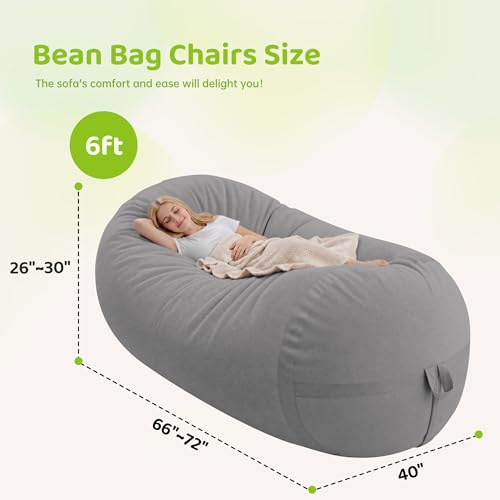 Image of 6FT Bean Bag Chair 6'Giant Bean Bag Chairs with Adults, Large Beanbag Chair | Bean bag Lounger with Machine Washable Cover Fine Corduroy Fabric, Comfy Chairs for Living Room Bedroom Dorm, Lightgrey