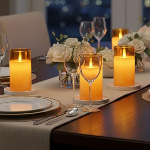 Image of LTETTES Real Wax LED Glass Pillar Flameless Rechargeable Candles | Amber Gold Glass | USB Type-C Wireless Charging Cable | Remote Control Included | Home Decor & Gifting | Set of 1 (7.5 x 15.8 cm)
