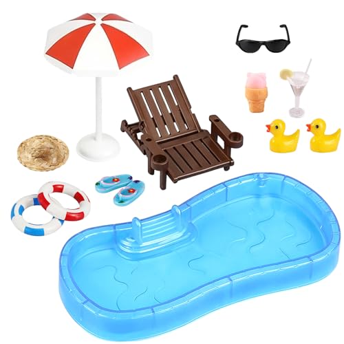 12 Stück Strand Miniatur Zubehör Set Wichtel Zubehör Puppenhaus Deko mit Schwimmbad Strandstuhl Schwimmringe Sonnenschirme Ente Für DIY Pool Gartentisch Topfpflanze und Tortendekoration