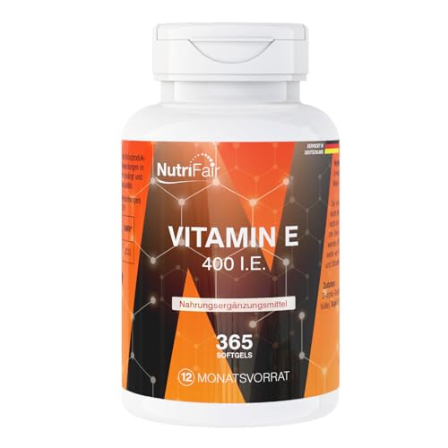 Vitamin E 400 I.E. - 365 Softgels mit je 268mg Vitamin E - Hochdosiert - D-alpha-Tocopherylacetat – Deutsche Produktion & Laborprüfung - NutriFair | Premium & Fair