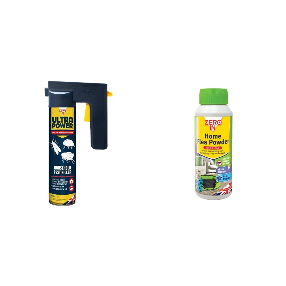 Zero In ZER558 600 ml Ultra Power Household Pest Killer, Blue & ZER024 Home Flea Powder (Treatment for Carpets and Rugs in the Home, Kills Fleas and Larvae, 300 g, Green