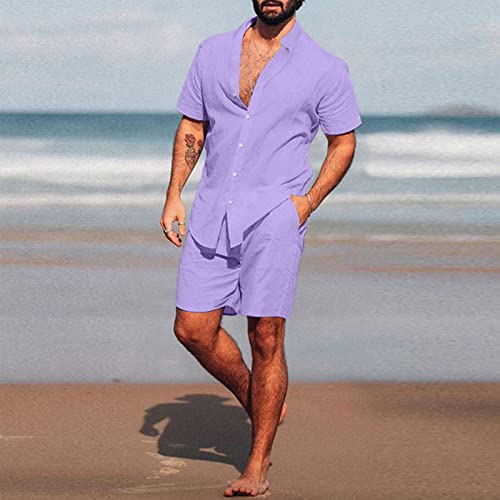 Mens 2 Piece Linen Outfit Stylish Casual Summer Tank Tops Shorts Sets Muscle Short Sleeve Shirt Suits D-Purple #TOP1