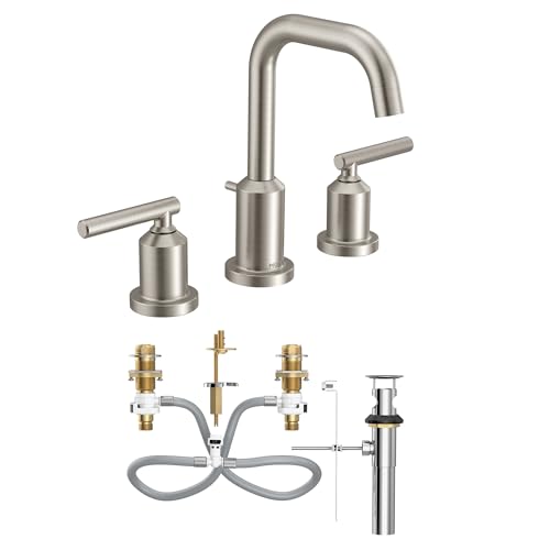 Moen Gibson Brushed Nickel Two-Handle High Arc Widespread Bathroom Sink Faucet for 3-Hole Setups with Valve Included, TV6142BN